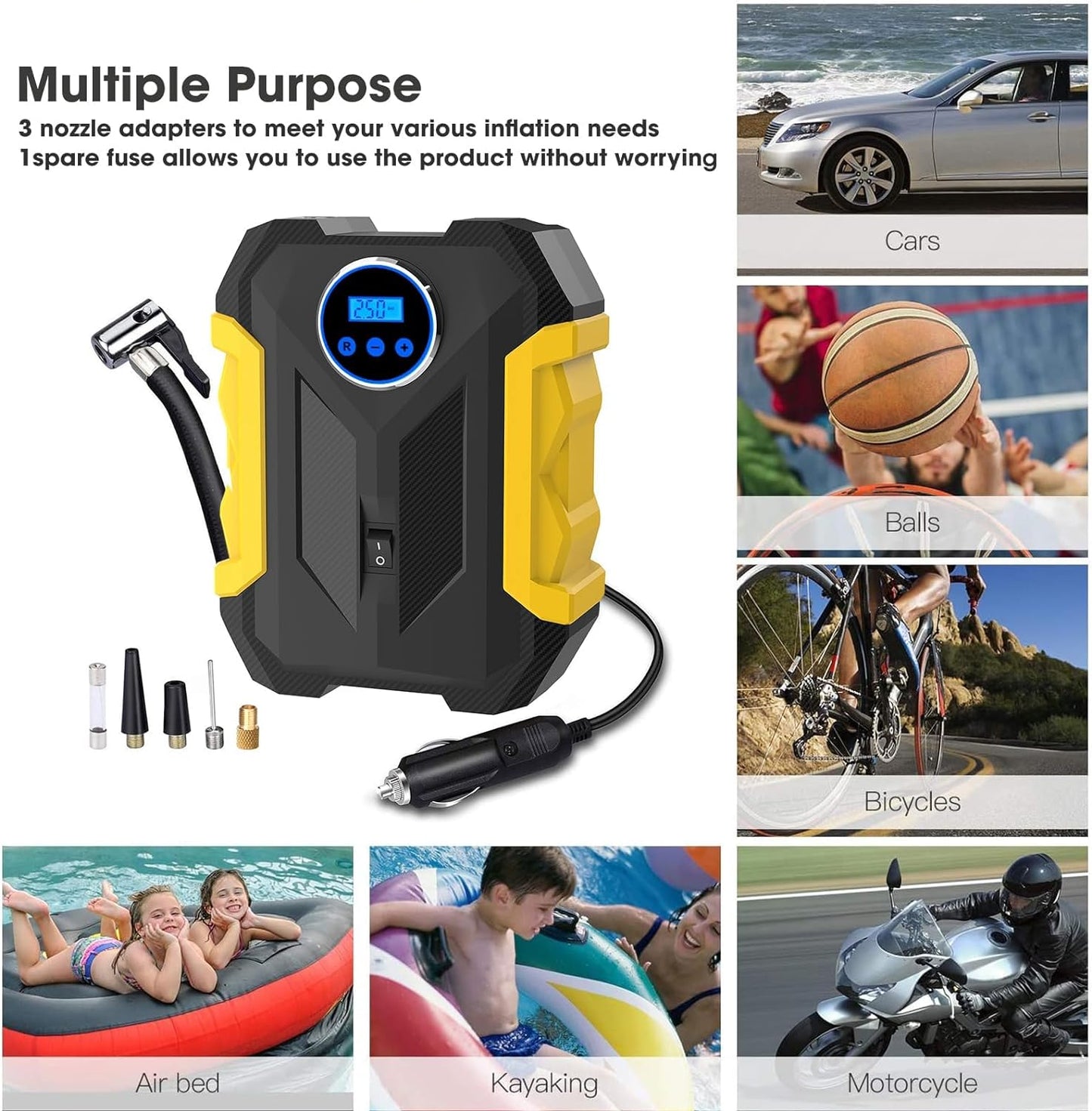 Air Compressor Tire Inflator, Digital Air Compressor Portable with LED Light 12V DC, 150PSI Auto Pump Portable Tire Inflator for Car, Bicycle, Motorcycle, Balls, Balloons