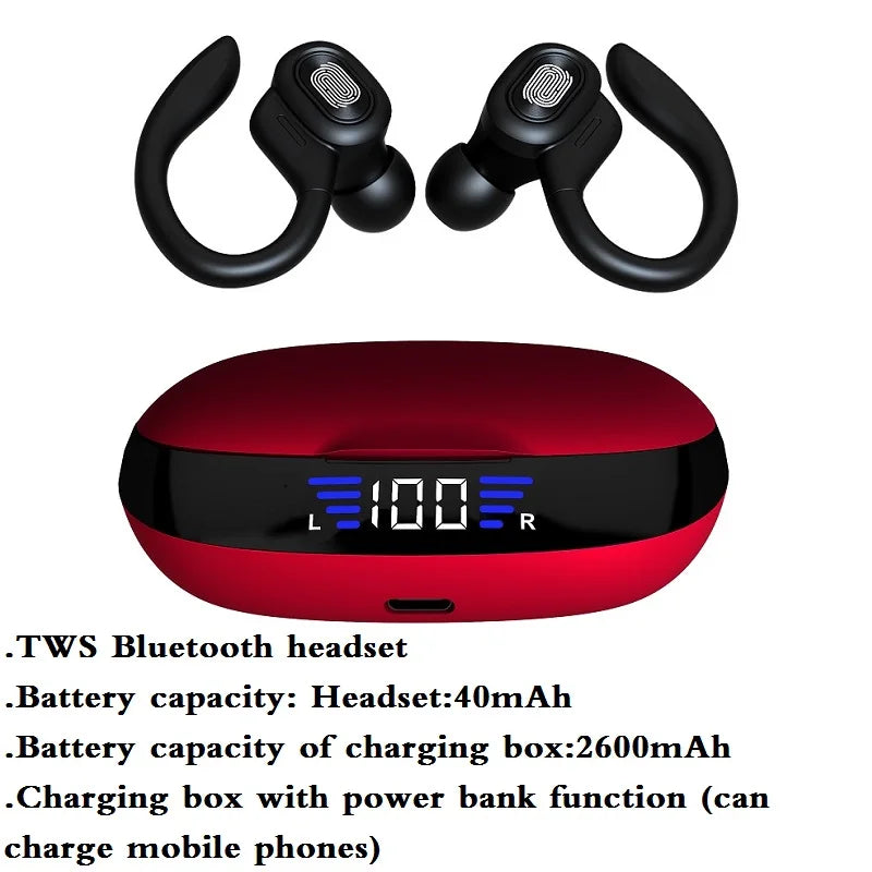 TWS Bluetooth Earphones with Microphones Sport Ear Hook LED Display Wireless Headphones Hifi Stereo Earbuds Waterproof Headsets